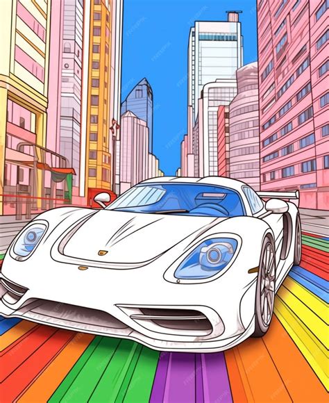 Premium AI Image | a cartoon car driving down a rainbow colored street in a city generative ai