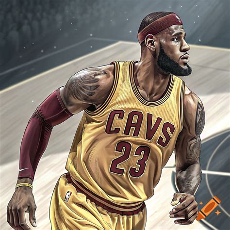 Stylized illustration of LeBron James playing basketball in a gold ...