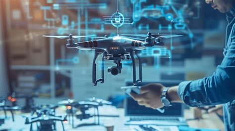 A man operates a drone with a futuristic interface the drone is ...