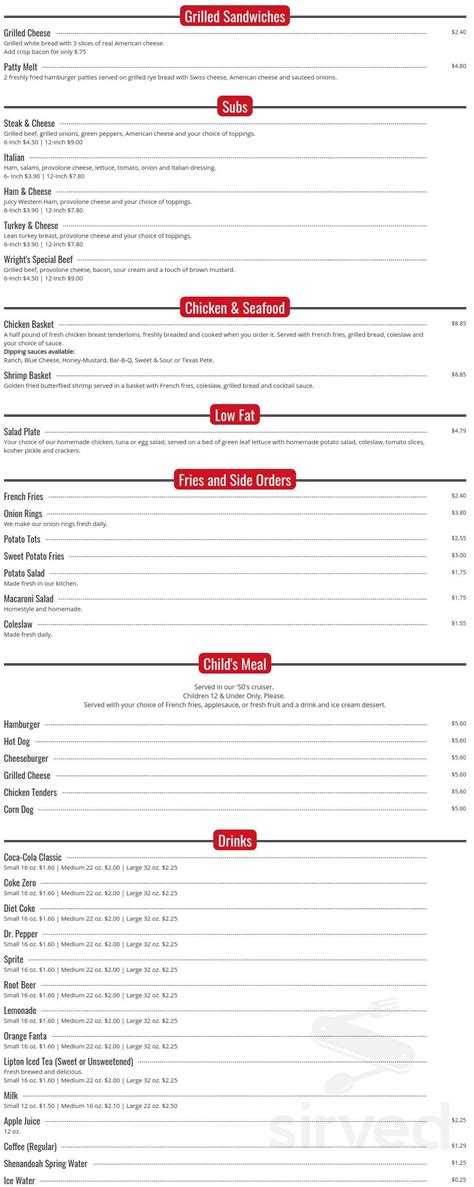 Wrights Dairy-Rite menu in Staunton, Virginia, USA