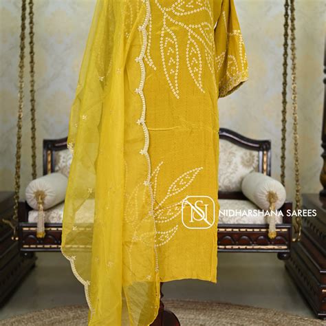 V-Neck gajji silk straight Cut Kurta 3 piece set – Nidharshana Sarees