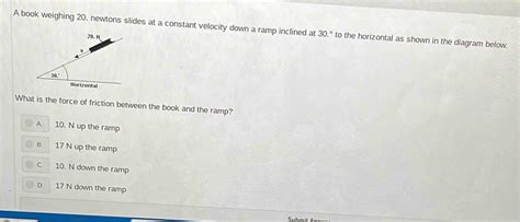 Solved: A book weighing 20. newtons slides at a constant velocity down ...