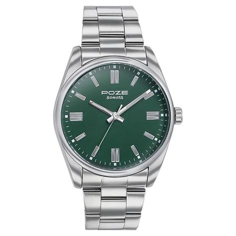Buy Online Sonata Poze Quartz Analog Green Dial Metal Strap Watch for ...