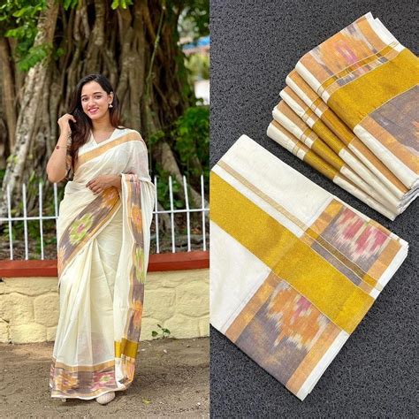 Kerala Kasavu Saree | Traditional White Saree with Pochampally Border ...