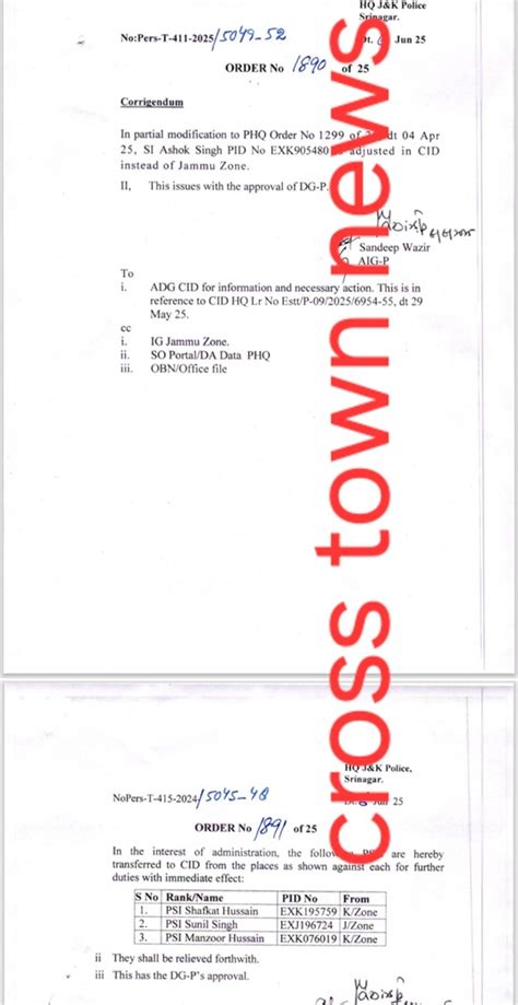 PHQ J&K orders modification in transfer order of Sub Inspector