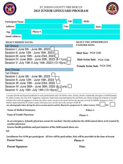 Fillable Online Week #2 of Junior Lifeguard... - St. Johns County Fire ...