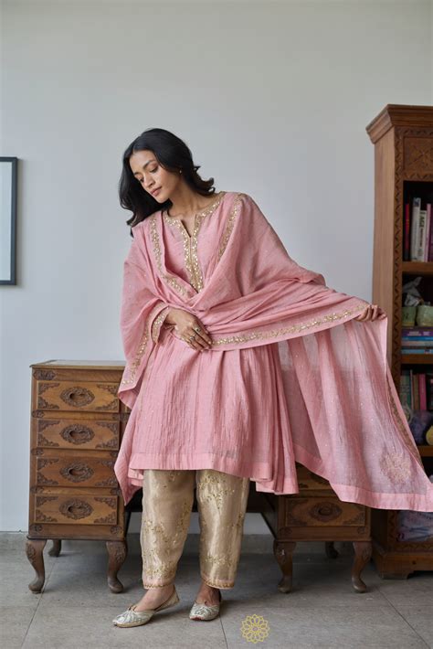AARZO - Soft Pink Mukaish Mul Chanderi Kalidar Kurta & Tissue Pant wit