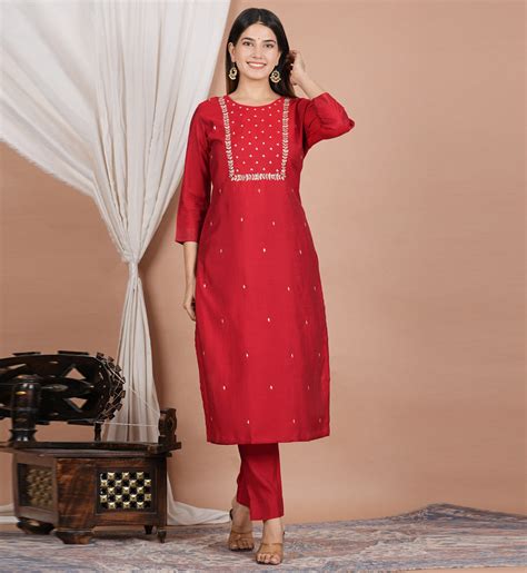 YASH GALLERY Women's Red Gota-Patti with Pearl work Straight Kurta wit ...