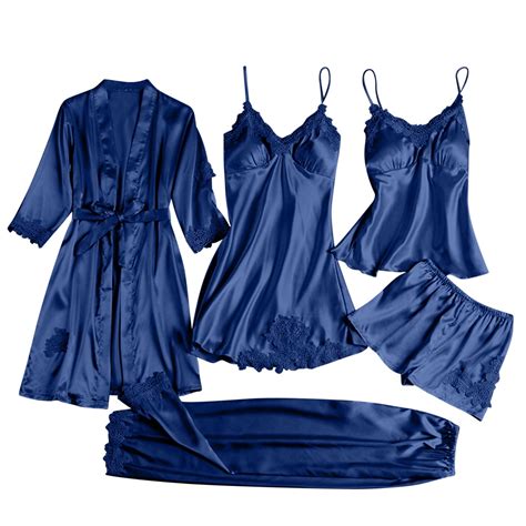 Womens Silk Pajama Robes Sets 5PCS Sexy Pjs Cami Nightgown Shorts Satin ...