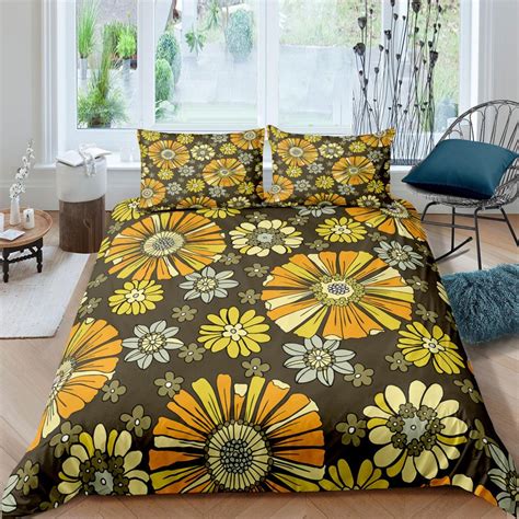 Mid Century Modern Bedding Brown Floral Duvet Cover Colorful Retro ...