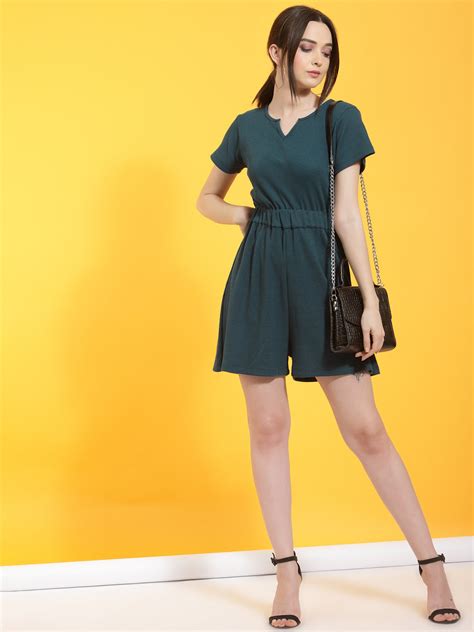 Self Textured Playsuit With Split Crew Neck – rigoindia