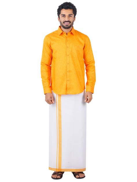 Ramraj Men Matching Border Dhoti & Full Sleeves Shirt Set Yellow C33