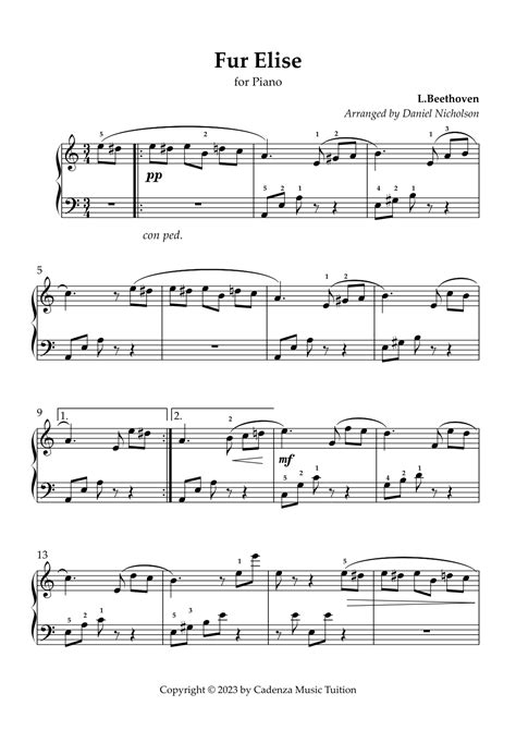 Fur Elise (arr. Daniel Nicholson) by Ludwig van Beethoven Sheet Music ...