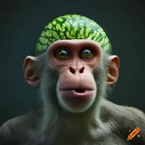 Cute picture of a monkey eating a watermelon