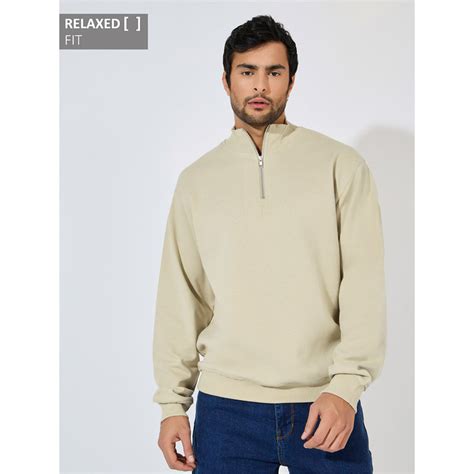 Buy Styli Beige Quarter Zip Relaxed Fleece Sweatshirt Online