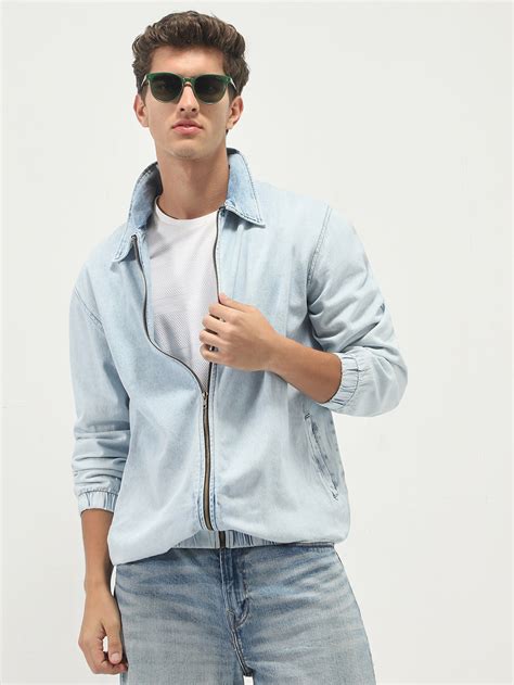 Men's Ice Blue Relaxed Fit Full Sleeve Harrington Denim Jacket – Urbano ...