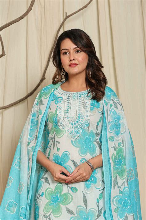 Premium Cotton Floral Printed Dupatta Kurta Set – THE NAVRA