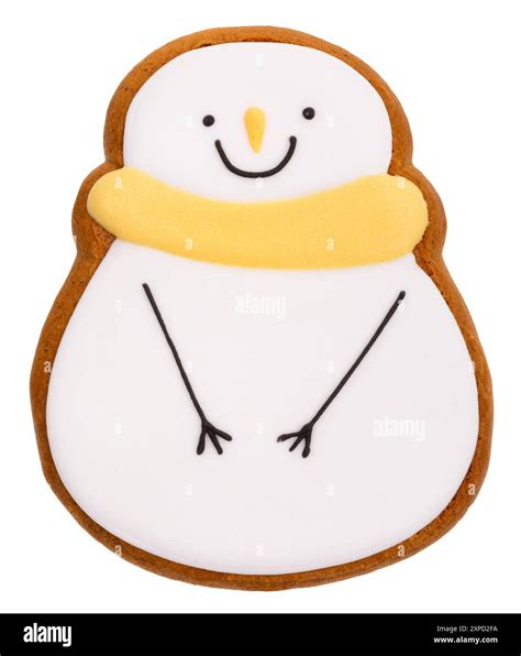 Christmas themed iced gingerbread cookie shaped as snowman isolated on ...