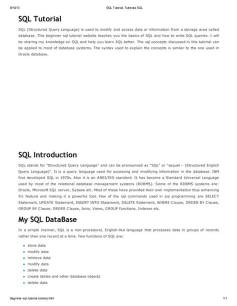 Image result for Basic SQL Tutorial PDF
