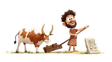 Ancient Mesopotamian Farmer Plowing Field with Oxen Drawn Wooden Plow ...
