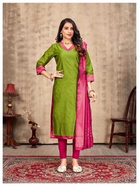 Green & Zari border Ethnic Cotton Kurta with dupatta – Mathangi's Fashion