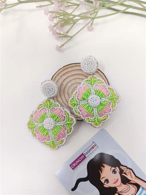 Handcrafted Pink-Green Flower Earrings for Festive & Party Attire