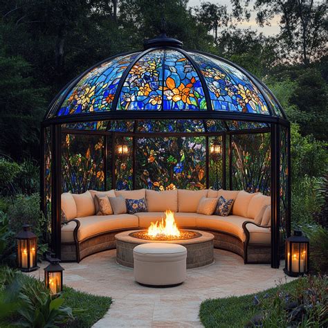 Dome-Shaped Stained Glass Garden Gazebos with Fire Pits
