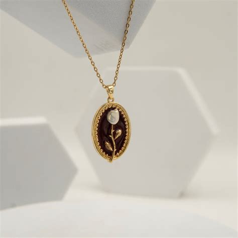 Maroon Rose Enamel Necklace Gold Plated, Waterproof and Anti-Tarnish ...