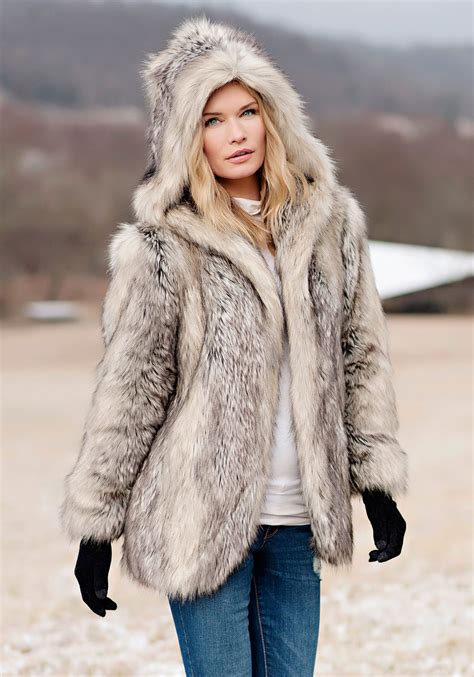 Grey Fox Hooded Faux Fur Jacket | Fur jacket women, Faux fur hooded ...