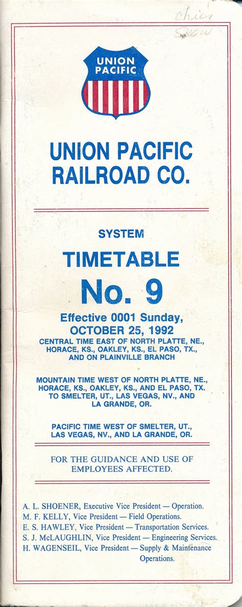 Union Pacific Railroad Employee System Timetable No. 9 October 25, 1992 ...