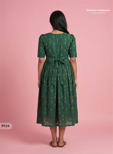 Handcrafted Pochampally Dark Green Cotton Frock with Knot Detailing ...