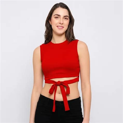 FASHMAD Red Sleeveless Crop Top with Wrap Tie Detail for Women Price in ...