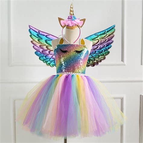 Unicorn Dress Wings Headband Rainbow Colorful Party Tutu Dresses Girls ...