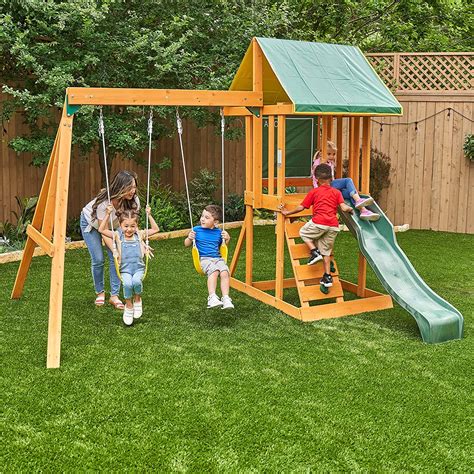 Buy KidKraft Appleton Wooden Swing Set Playset with Swings, Slide, Rock ...