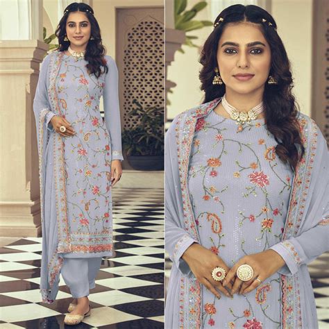 Lavender Embroidered With Embellished Georgette Salwar Suit