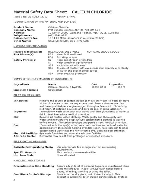 Material Safety Data Sheet: Calcium Chloride | PDF | Water | Chemical ...