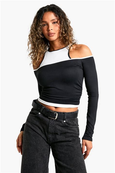 2 layer contrast binding long sleeve top | boohoo UK
