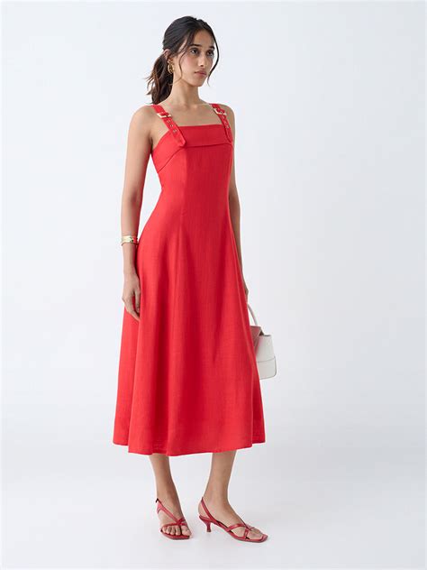Buy LOV Red Solid A-Line Dress from Westside
