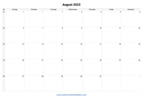 August 2023 Printable Calendar With Week Numbers | Custom Calendar Maker