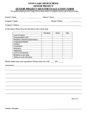 OH Avon Lake High School Senior Project Mentor Evaluation Form - Fill ...