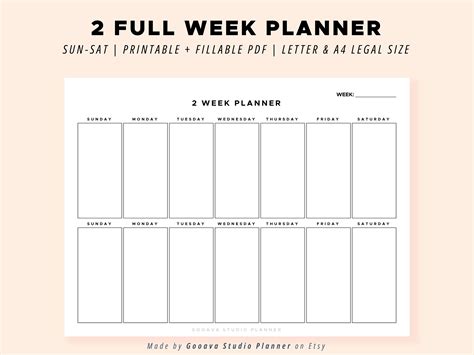 2 Full Week Planner Blank Minimalistic Printable Landscape Schedule ...