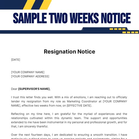 Free Sample Two Weeks Notice Template to Edit Online