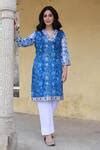 Buy Blue Cotton, Polyester Embroidery V-neck Flora Print Kurta Set For ...