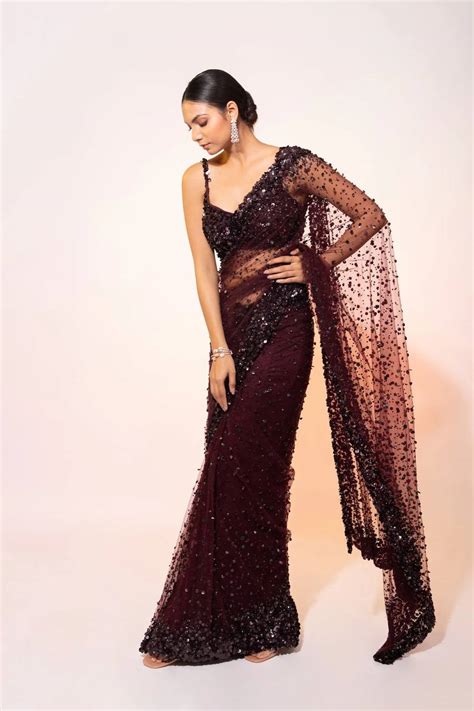 Dark Brown Glamorous Net Saree with Hologram Sequin Work – S