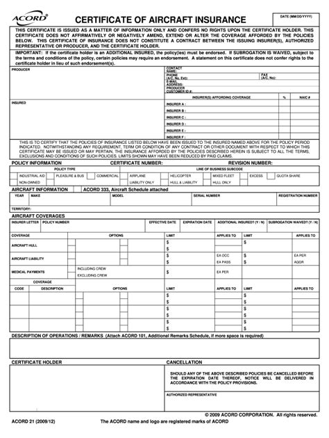 Fillable Online nh completing an airplane certificate of insurancer Fax ...