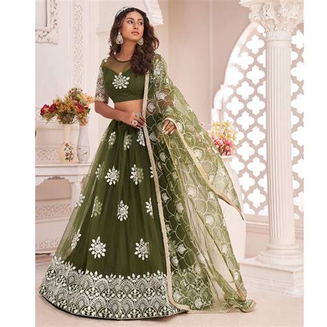 Olive Green Floral Sequins Embroidered Net Lehenga Choli