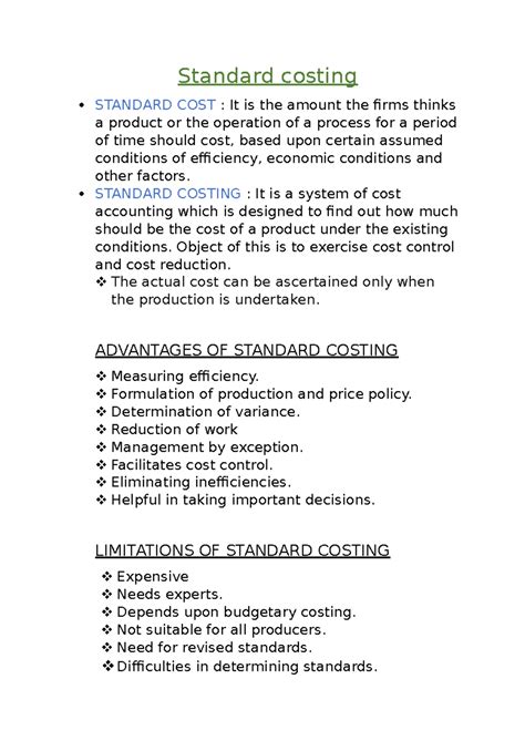 Standard costing and variance analysis - Standard costing STANDARD COST ...