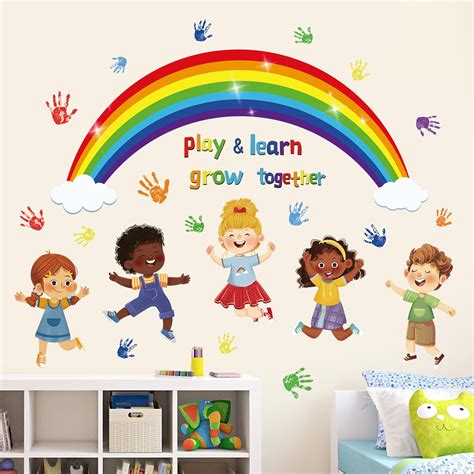 Wondever Kids Classroom Wall Stickers Rainbow Handprint Diversity ...