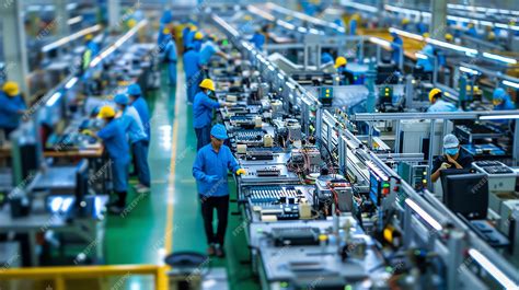 Workers in uniform and helmets working in a large organized factory ...