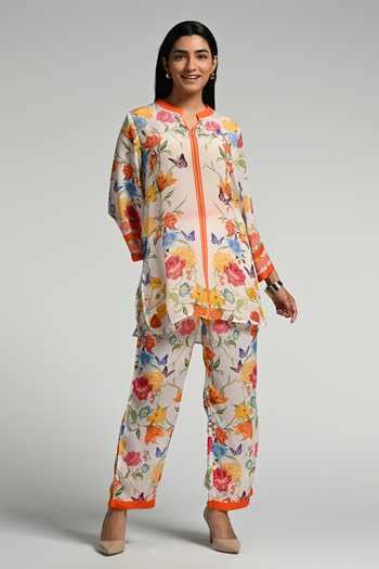 Buy Multi Color Crepe Mandarin Collar Floral Print Co-ord Set For Women ...